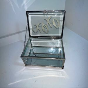 Nicole Miller Home LARGE Beveled Glass Footed XOXO Silver Toned Jewelry Box.